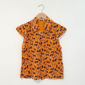 Alice + Olivia Martell Horse Print Orange Silk Flutter Sleeve Blouse size XS